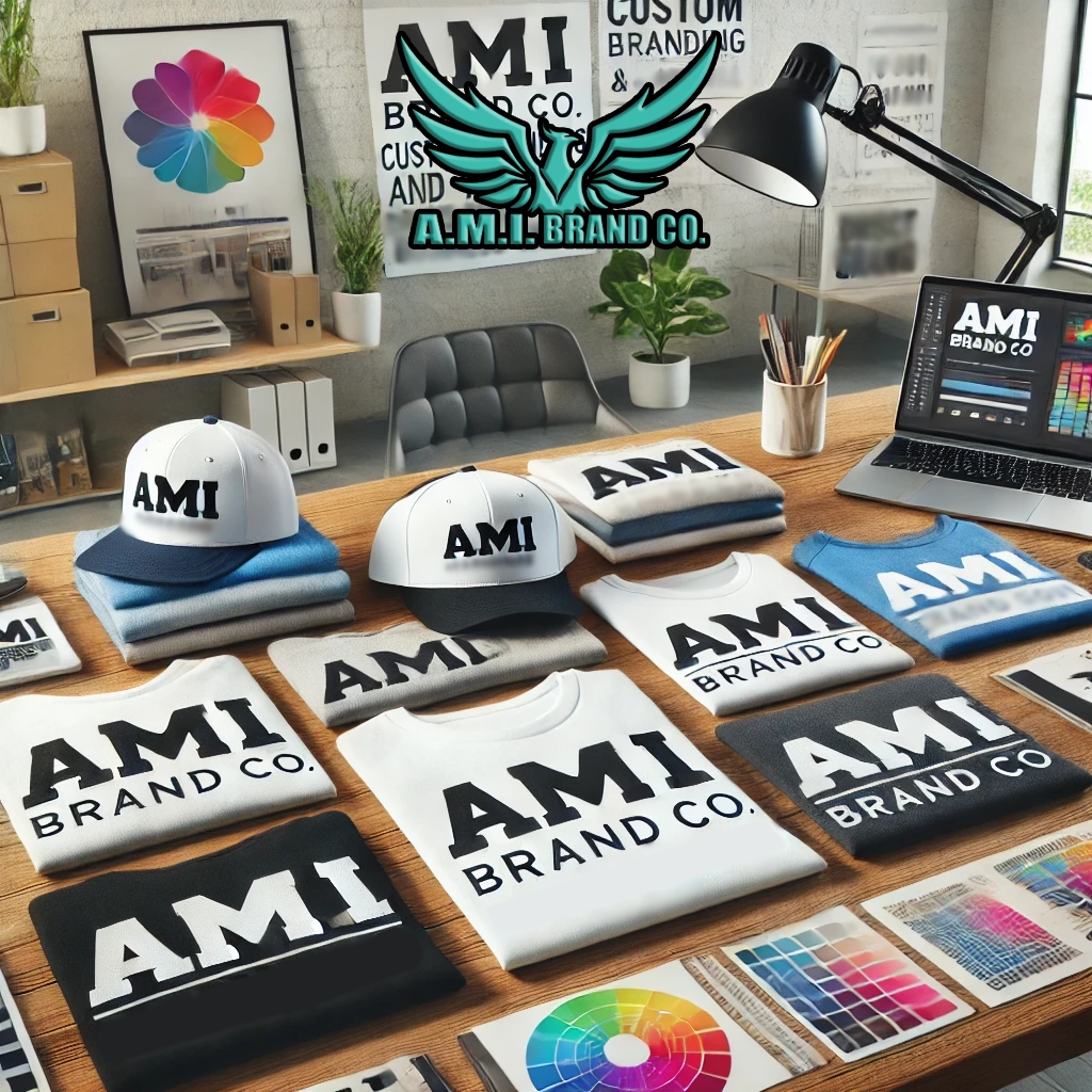 "A modern workspace featuring branded merchandise, including embroidered hats, screen-printed t-shirts, and direct-to-garment apparel, all showcasing the logo 'AMI Brand Co.' The setting includes tools like a design tablet, color swatches, and marketing documents, representing creativity, collaboration, and branding success for business growth."